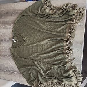 Others Follow Bohemian Tassel Trim V Neck Ribbed Knit Poncho Shrug in Army Green